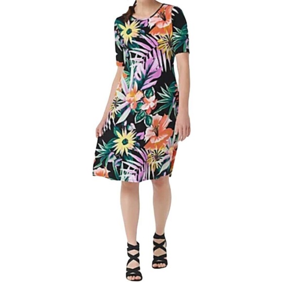 susan graver printed liquid knit elbow sleeve dress